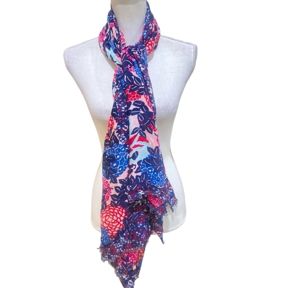 Talbots navy/blush/red/aqua floral print rectangular fringe hem scarf